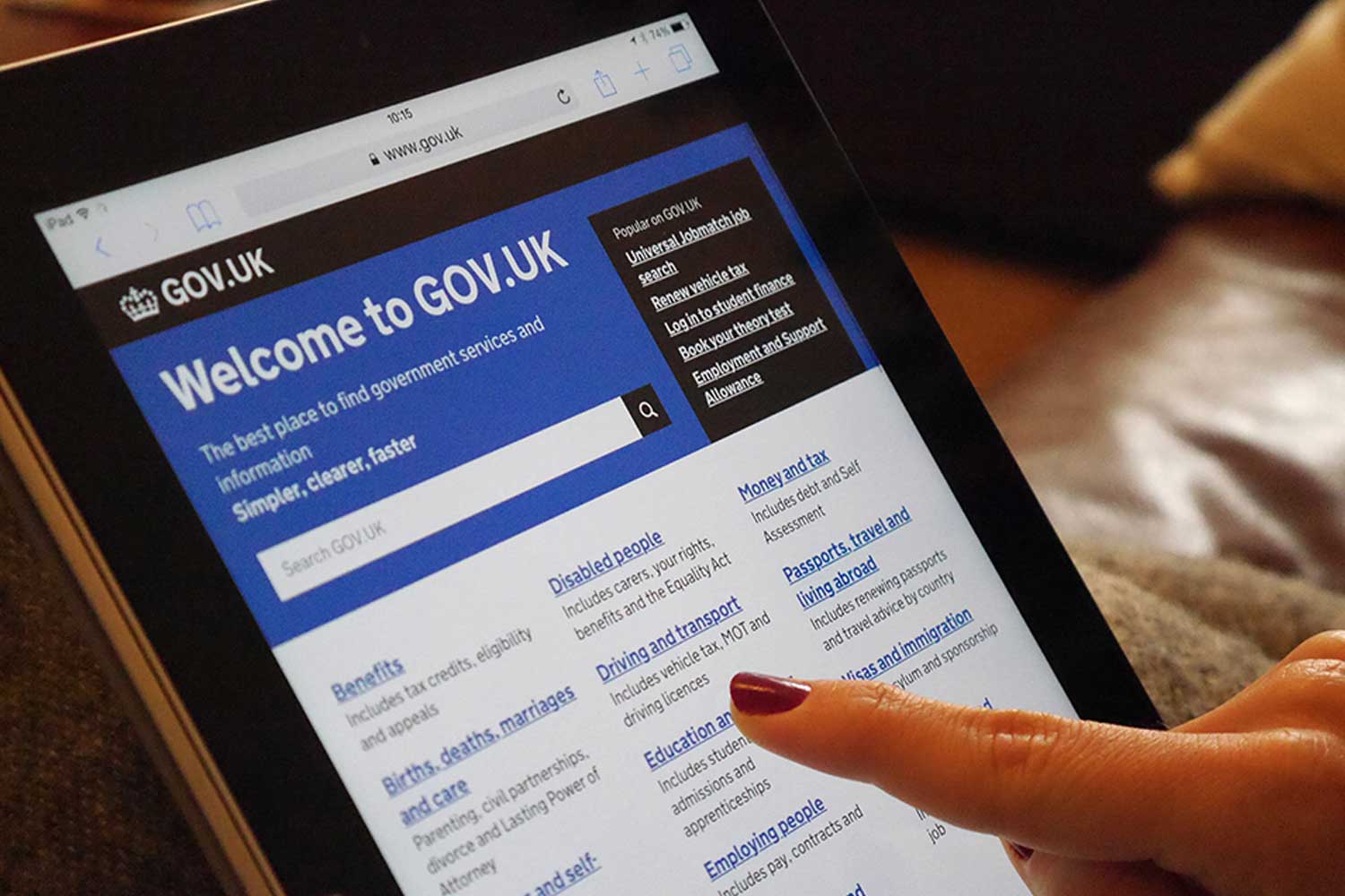 Photo showing GOV.UK homepage on an iPad
